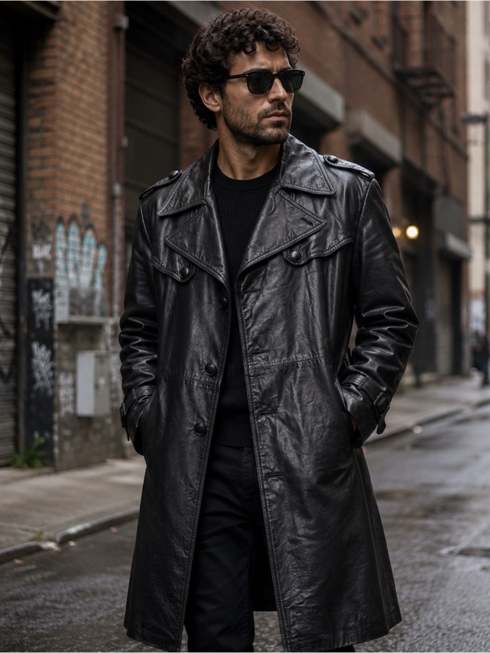 Marquis Of London Black Leather Trench Coat Mens 40 Canada Vintage